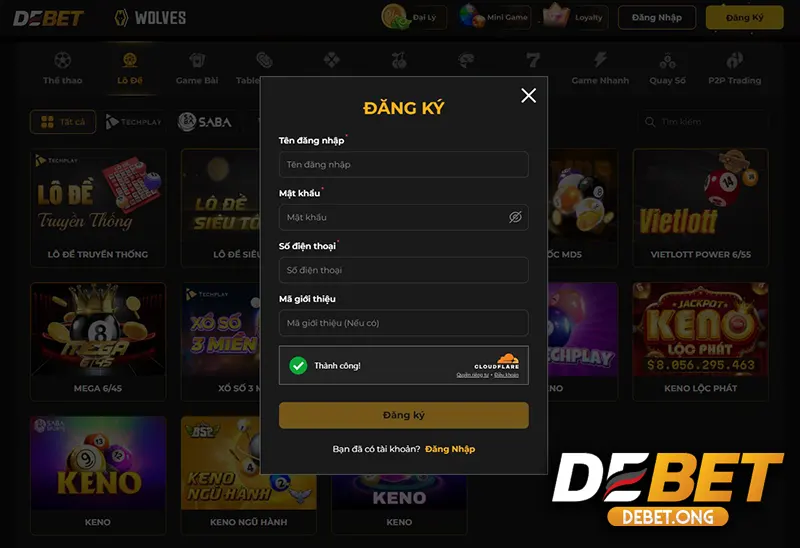 Giao diện Đăng ký tài khoản thành viên DEBET