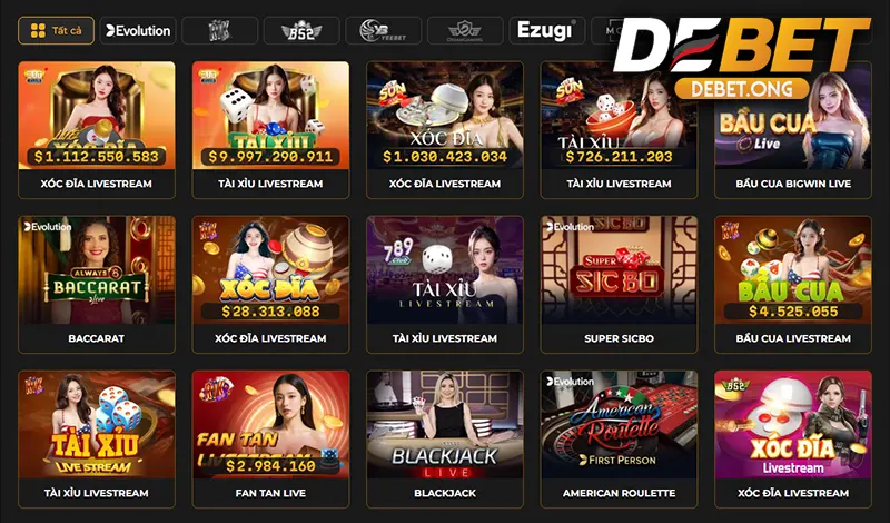 Giao diện Live Casino DEBET với nhiều trò chơi đa dạng và hấp dẫn