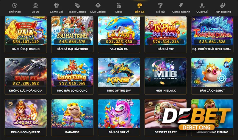 Sảnh bắn cá DEBET nổi bật với các tựa game săn cá huyền thoại